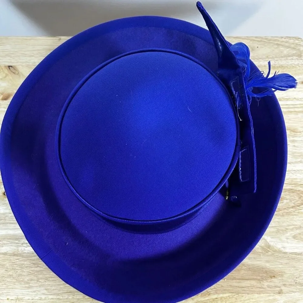 ML Studio Royal Blue Wool Felt Church Hat Beaded Feather Accent Dress Derby Hat